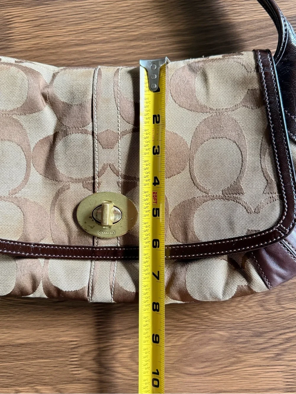 Coach Brown Signature Canvas Shoulder Bag with Gold-Tone Turnlock
